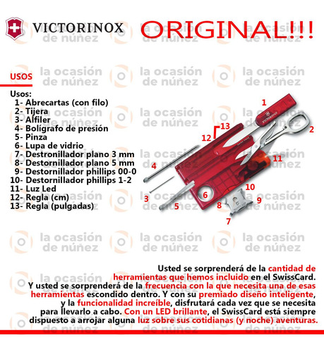 Tarjeta Victorinox Swisscard 13u Tijera Pinza Led Lupa Regla