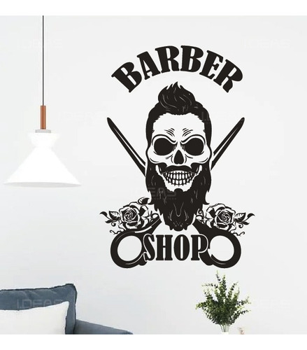 Vinilo Decorativo Barber Shop Calavera Tijeras Barberia 