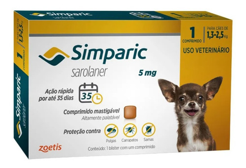 Pastilla antiparasitario para pulgas Zoetis Simparic para perro de 1.3kg a 2.5kg