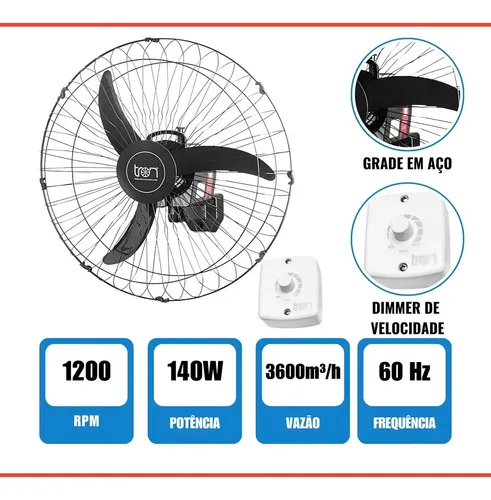 Ventilador de Parede Tron 60cm Oscilante 3 Pás 140W Silencioso | Frete ...