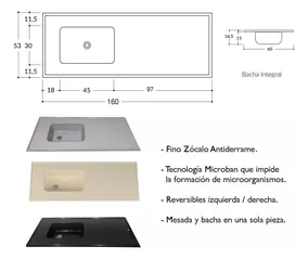 Mesada Marmol Sintetico Gris 160 Bacha Reversible Durafort