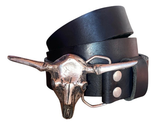 Mgvcueros Cinturon Craneo De Vaca Hebilla Intercambiable Negro M