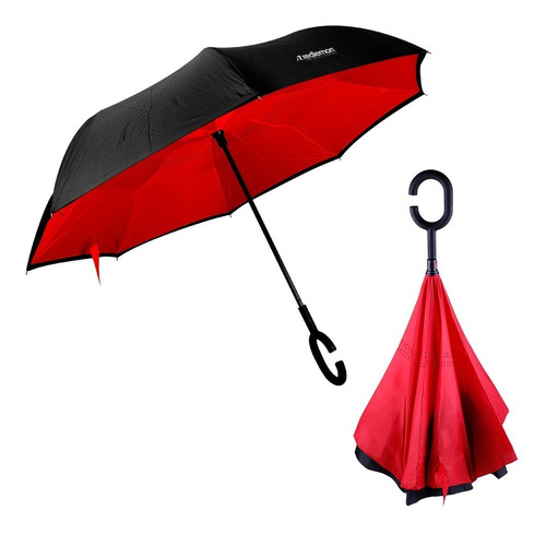 Redlemon Paraguas Invertido con Doble Refuerzo, Sombrilla Resistente a Vientos y Lluvias Fuertes, Mango Ergonómico en Forma C, Paraguas Grande Reversible Libre de Escurrimientos, Color Rojo