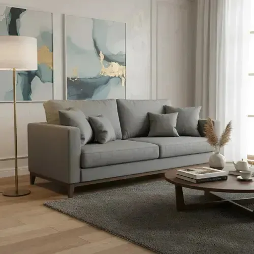Sofá Beny de 3 Lugares para Sala, em Linho Cinza com Almofadas Decorativas e Pés de Madeira – JrLimaHome