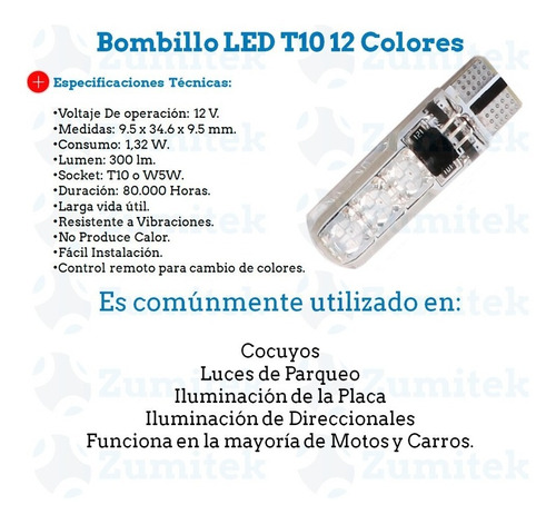 Bombillos Led T10 O W5w Color Programable Rgb Control X2