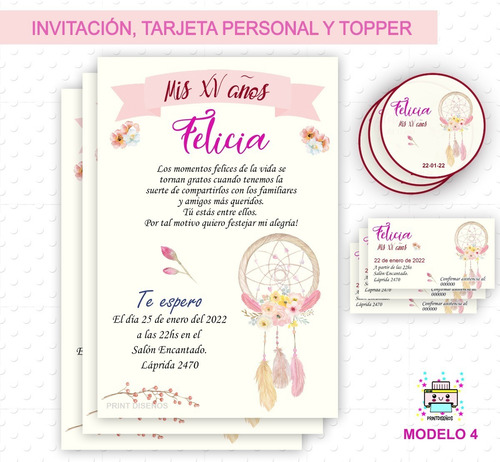 Tarjeta Invitación Cumple De 15 Topper, Personal Imprimir M4