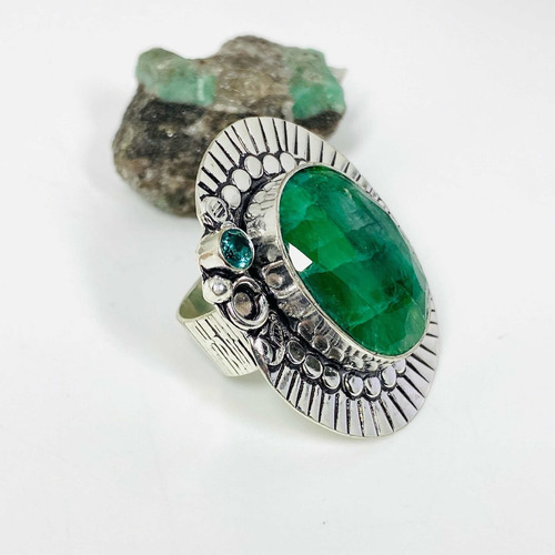Imagen 6 de 8 de Anillo Plata India Esmeralda Facetada Y Topacio Azul N15- Ae