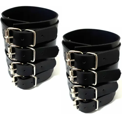 Braceletes Duplos de Couro Preto c/ 4 Fivela Ajustável