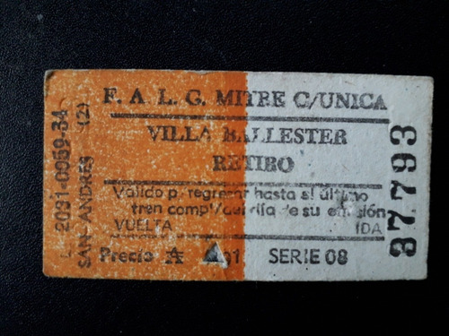 Boleto De Tren De Villa Ballester A Retiro Clase Unica