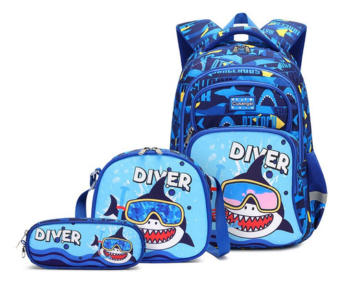 Set Mochila Escolar Impermeable 3 en 1 Niño Niña | Mochila Grande con Lonchera Térmica y Estuche | Ergonómica, Resistente, Ideal Regalo Escolar para Niños de 6 a 12 Años, Huella de tiburón