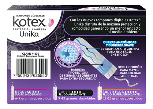 Tampones Digitales Kotex Unika Flujo Abundante 12 Piezas