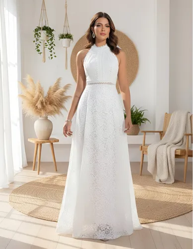 Vestido Casamento Civil Noiva Gola Alta Rodado De Renda Off