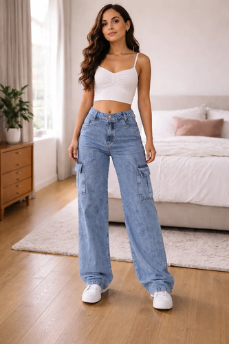 Calça Cargo Feminina Wide Leg Cintura Alta Jeans Stillger