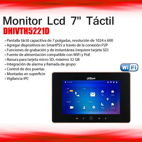 Monitor Dahua Ip Lcd 7  Táctil Wifi - Dhi-vth5221dw