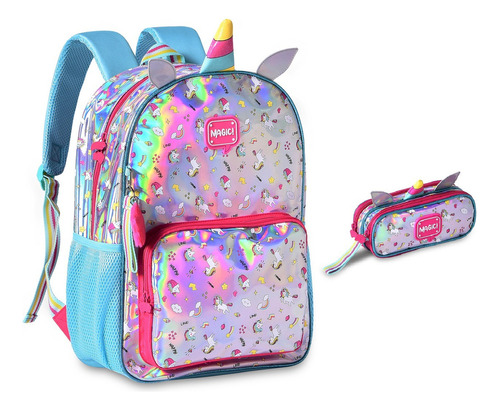 Mochila E Estojo Escolar Unicórnios Holografico Arco Iris Cor Prateado Desenho Do Tecido Variados