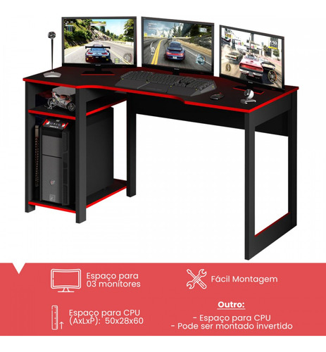 Escrivaninha gamer Tecno Mobili ME4152 mdp de 136cm x 75cm x 60cm preto/vermelho
