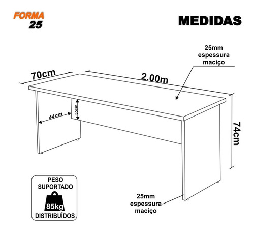 Mesa 2.00x70 Para Escritório Escrivaninha Linha Forma 25