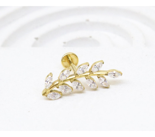 Piercing Folha Ramo Titânio Com Zircônias Rosca Interna Cor Dourado Pvd