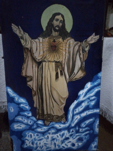 Arte Sacro Pintura Sobre Tela Sagrado Corazón De Jesús. 