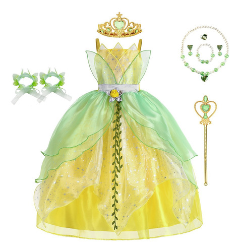Vestido De Tiana Princesa Verde Amarillo Halloween Cosplay