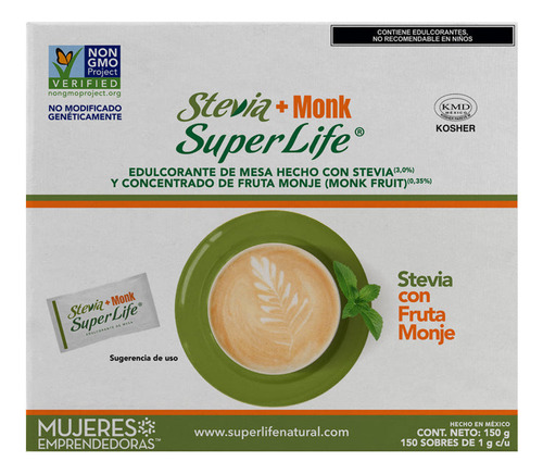 Super Life Stevia + Monk Sin Azúcar 150 Sobres 1g Edulcorante Fruta del Monje