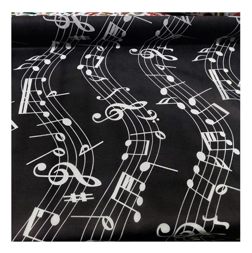 Tnt Estampado Notas Musicais Branco Fundo Preto 1,00m X 1,40