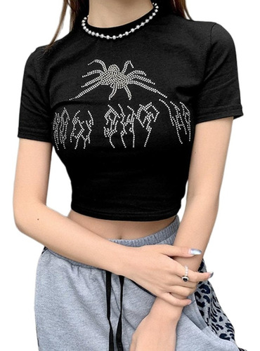 Camiseta Crop Top Detalle Cristales Araña Mujer Manga Corta