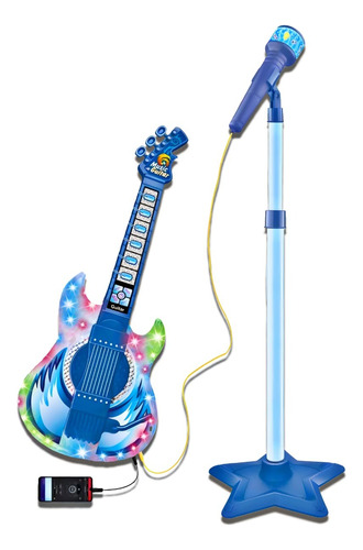 Set Guitarra Microfono Pedestal Juguete Mp3 Luces Azul