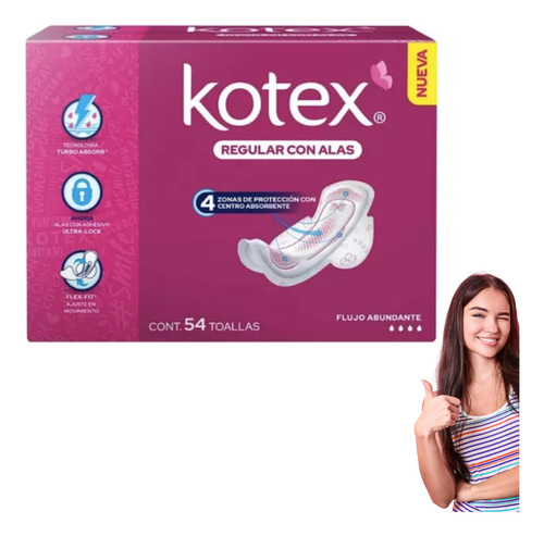 Kotex Regular Con Alas Flujo Abundante, Pack Con 54 Toallas