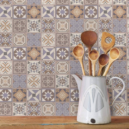 Adhesivo para azulejos, 10 x 10 cm, 200 pulgadas, beige y lila lavanda