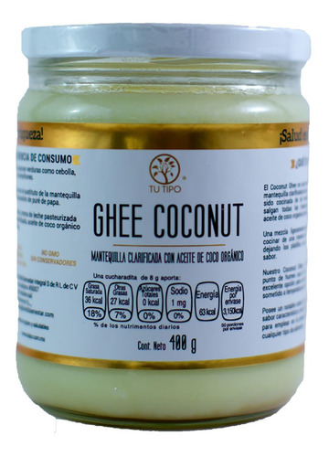 Mantequilla Clarificada Ghee Tu Tipo Con Aceite De Coco Organico 400g