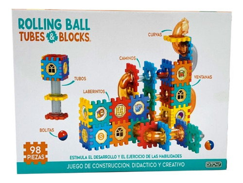 Juego Didactico Rolling Ball Ditoys Tube & Blocks 98 Piezas 