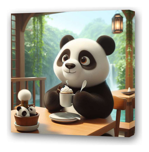 Cuadro 45x45cm Panda Contento Con Taza De Cafe Desayuno