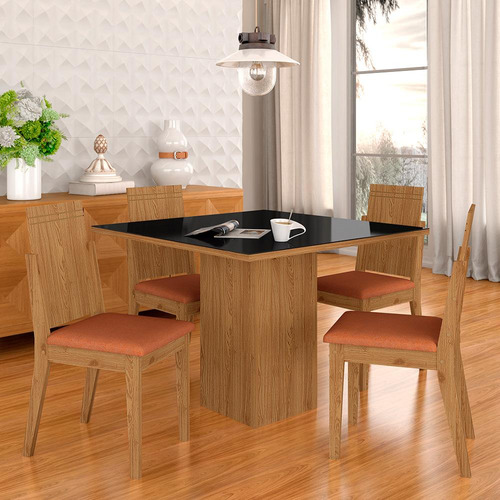 Mesa De Jantar Vidro 4 Cadeiras Aveiro Cinam/pret/terrac M.a Cor Cinamomo/preto/suede Terracota