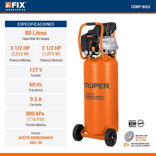 Compresor de aire eléctrico portátil Truper COMP-80LV monofásico 80L 3.5hp 127V 60Hz naranja