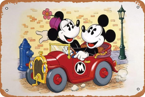 Mickey Y Minnie Mouse Vintage Metal Tin 12x8 Pulgadas Póster
