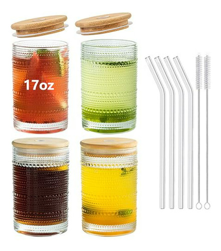 Vasos De Cristal Vintage, Juego De 4 Con Tapas De Bambú Y Pa