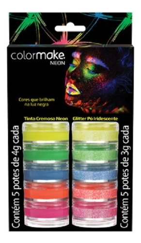 Kit Maquiagem Neon Tinta Blush Cremoso E Glitter Pó 5 Cores