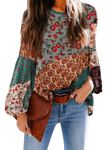 Mujer Gasa Manga Larga Camisa Boho Vintage Rojo Blusa