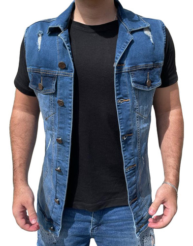 Colete Jeans Destroyed Masculino Com Botão Detalhes Premum