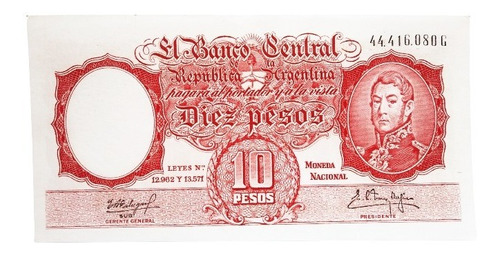 Billete 10 Pesos G Ley 12962/13571 Arg 1962 Bottero1972 S/c