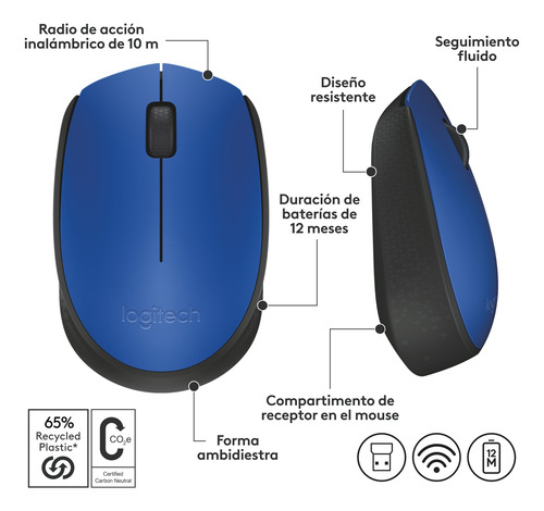 Mouse Inalámbrico Logitech M170 Con Tecnología 2,4 Ghz Azul