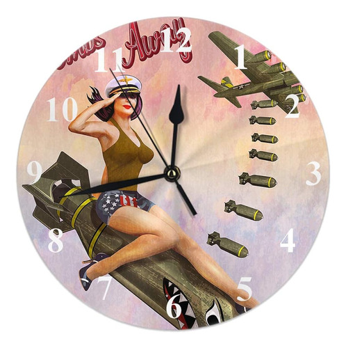 Hgod Designs Bombs Away Round Wall Clock, Retro Pin-up Girl 