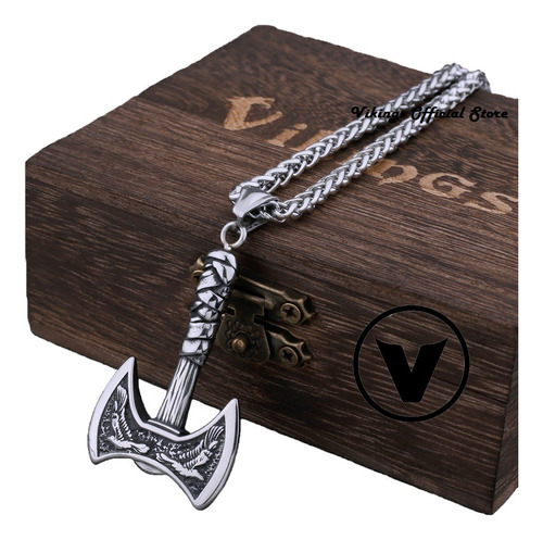 Collar Hombre De Lujo Diseño Cuervos Hacha Nórdico Vikings