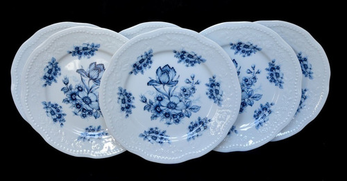 Jgo 6 Platos Postre Porcelana Verbano Mozarth Flores Azules