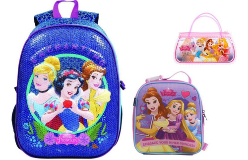 Kit Escolar Princesas Disney Paetê Mochila + Lancheira