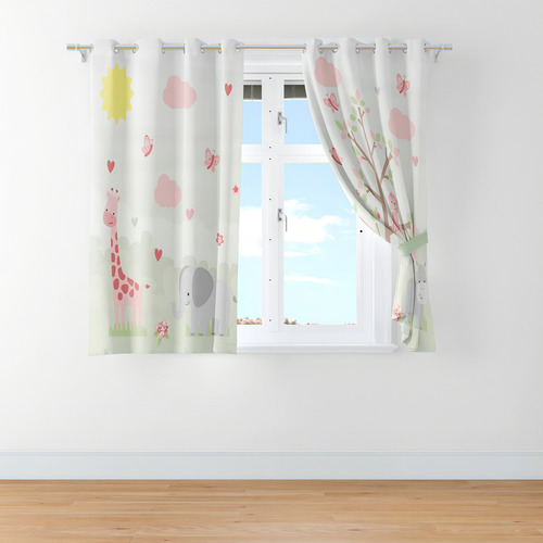 Cortina Infantil Animais Safari Rosa Menina 2,80x1,40m