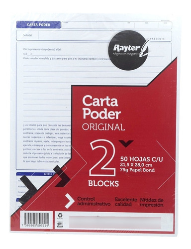 Block Carta Poder Rayter Cont. 2 Block 50 Hojas Cada Uno