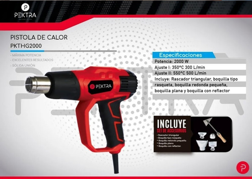 Imagen 7 de 10 de Pistola De Calor Aire Caliente Pektra 2000w + Kit Acesorios