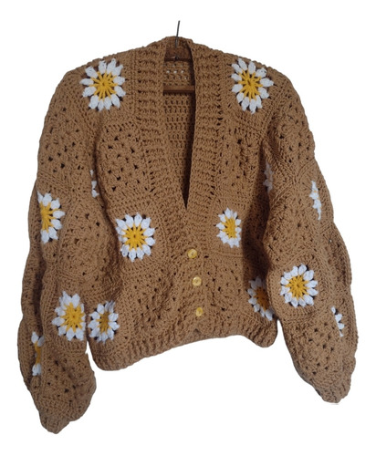 Cardigan Saco Corto Crochet Tejido Mano Flores